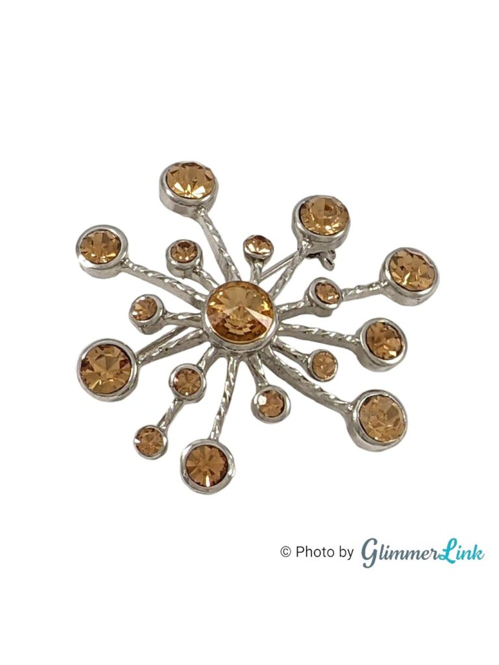 Starburst Sunburst Rhinestone Silver Tone Brooch Pin